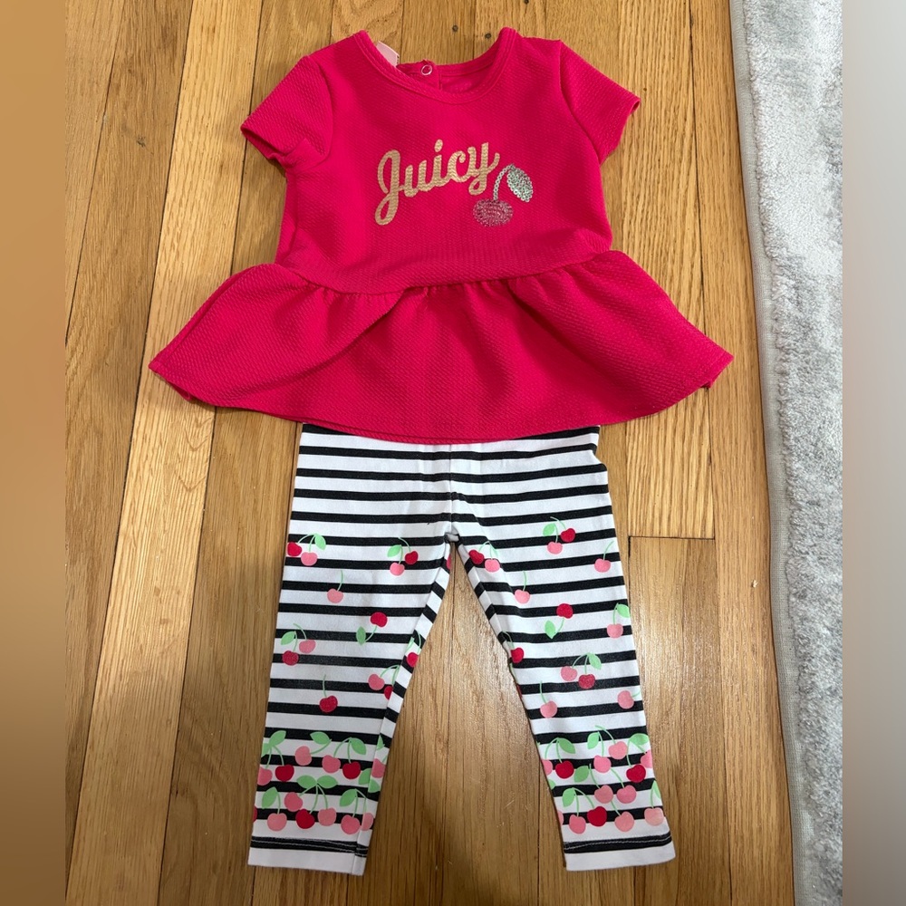 Juicy Couture Pink Peplum Top with Black & White Cherry Stripe Leggings